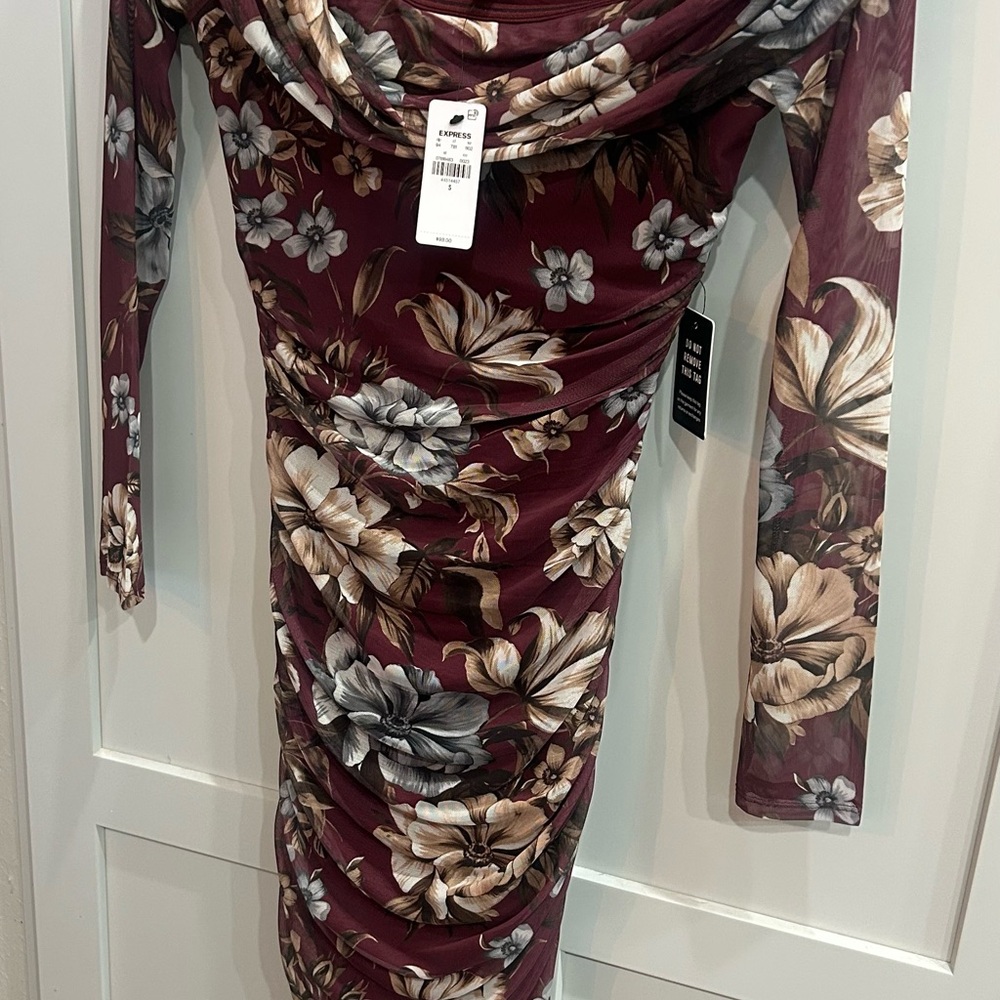 Express Burgundy Floral Long Sleeve Dress sexy for valentines day slinky bodycon